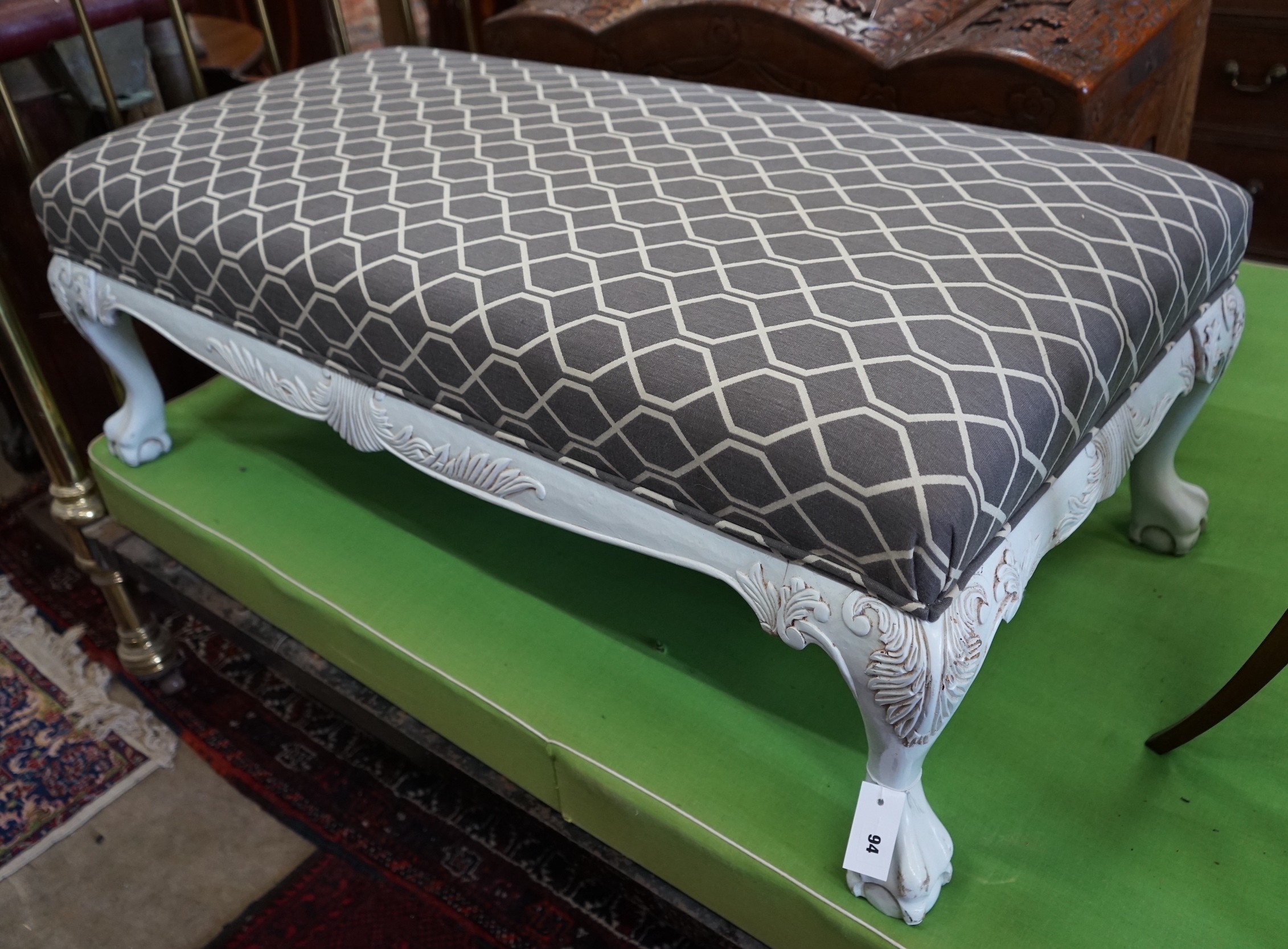 An 18th century style painted rectangular footstool upholstered in Sanderson Trellis Flint fabric. length 133cm, depth 65cm, height 46cm